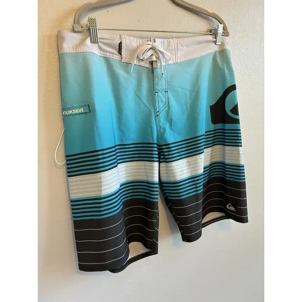 Quiksilver Board Shorts Mens 36 Blue Stripes Black Swim Trunks Beach Surf Retro